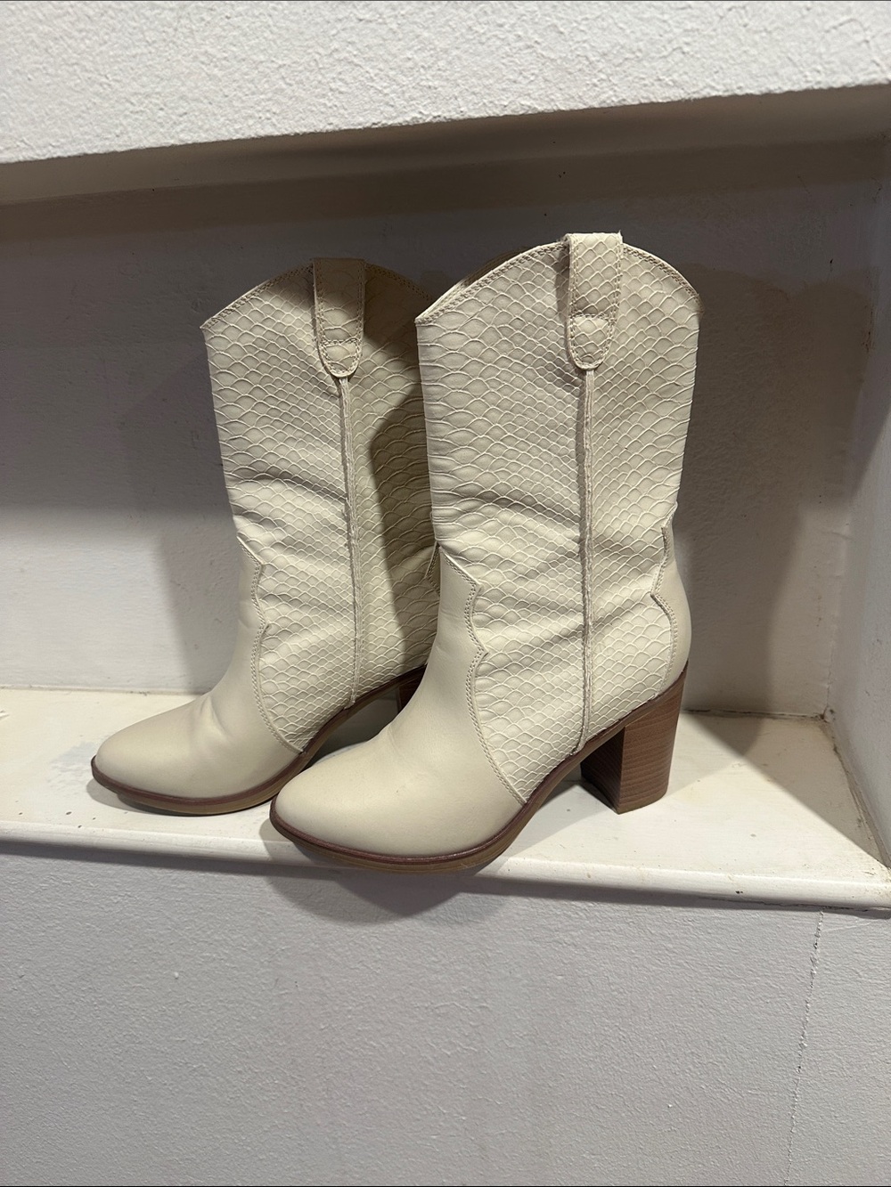 MIA Cream Textured Western Cowboy Boots Block Heel - Worn Once